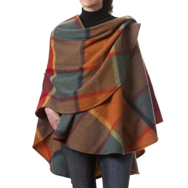 Poncho i lammeuld - Orange og grøn m. tern (137x180 cm) Uldplaiden.dk