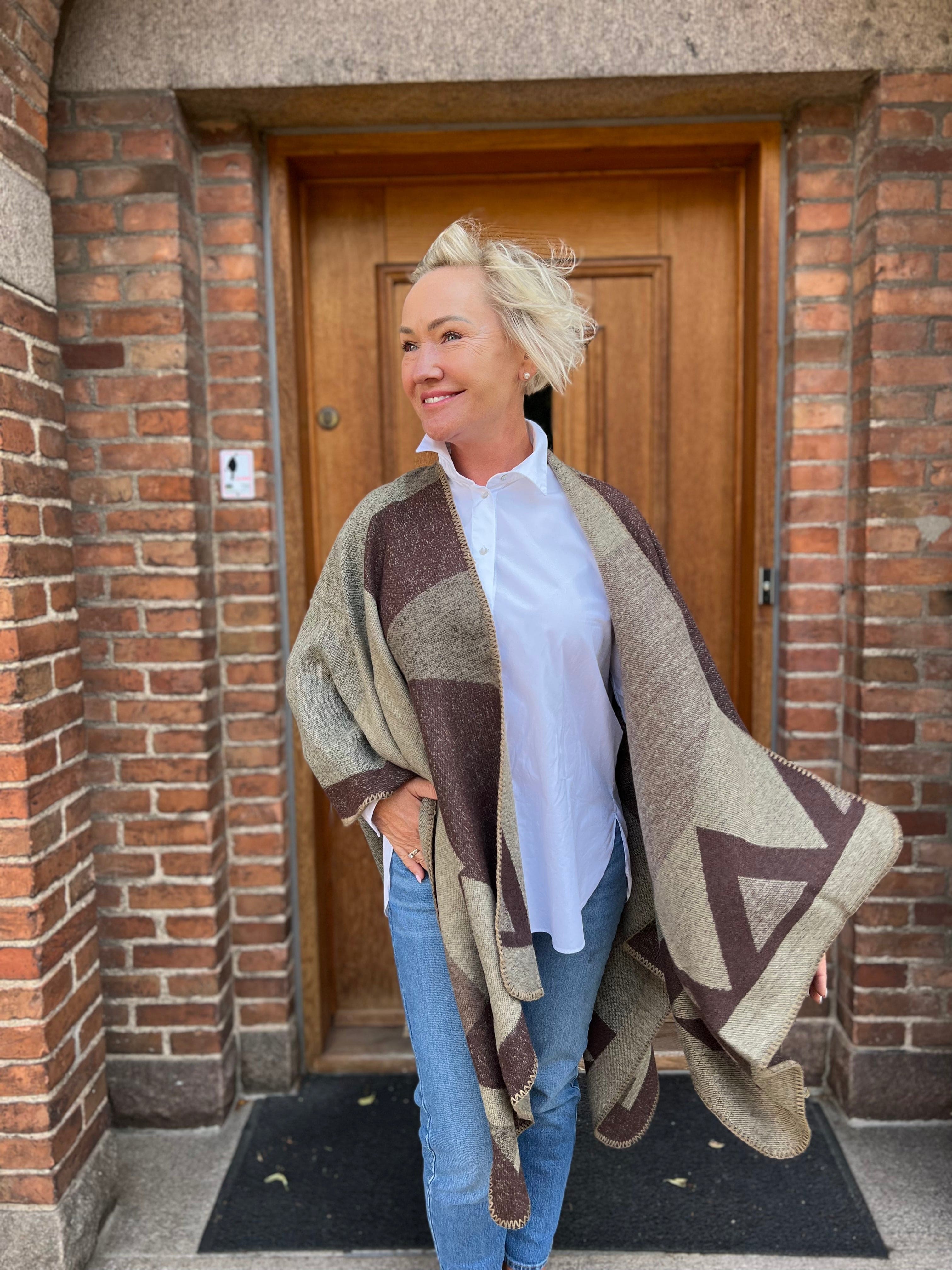 Poncho i Bomuld - Blomme/Beige Poncho Uldplaiden