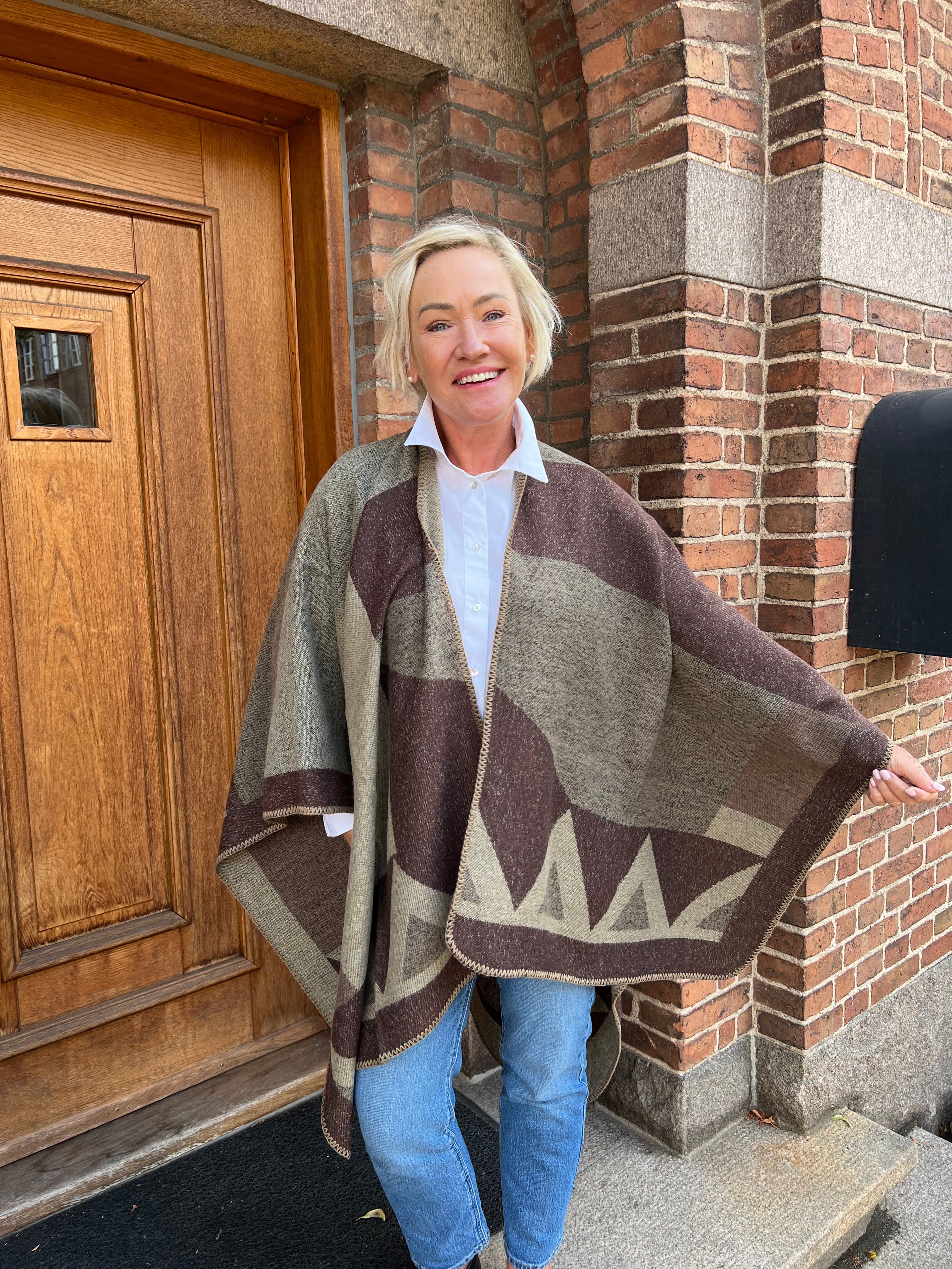 Poncho i Bomuld - Blomme/Beige Poncho Uldplaiden