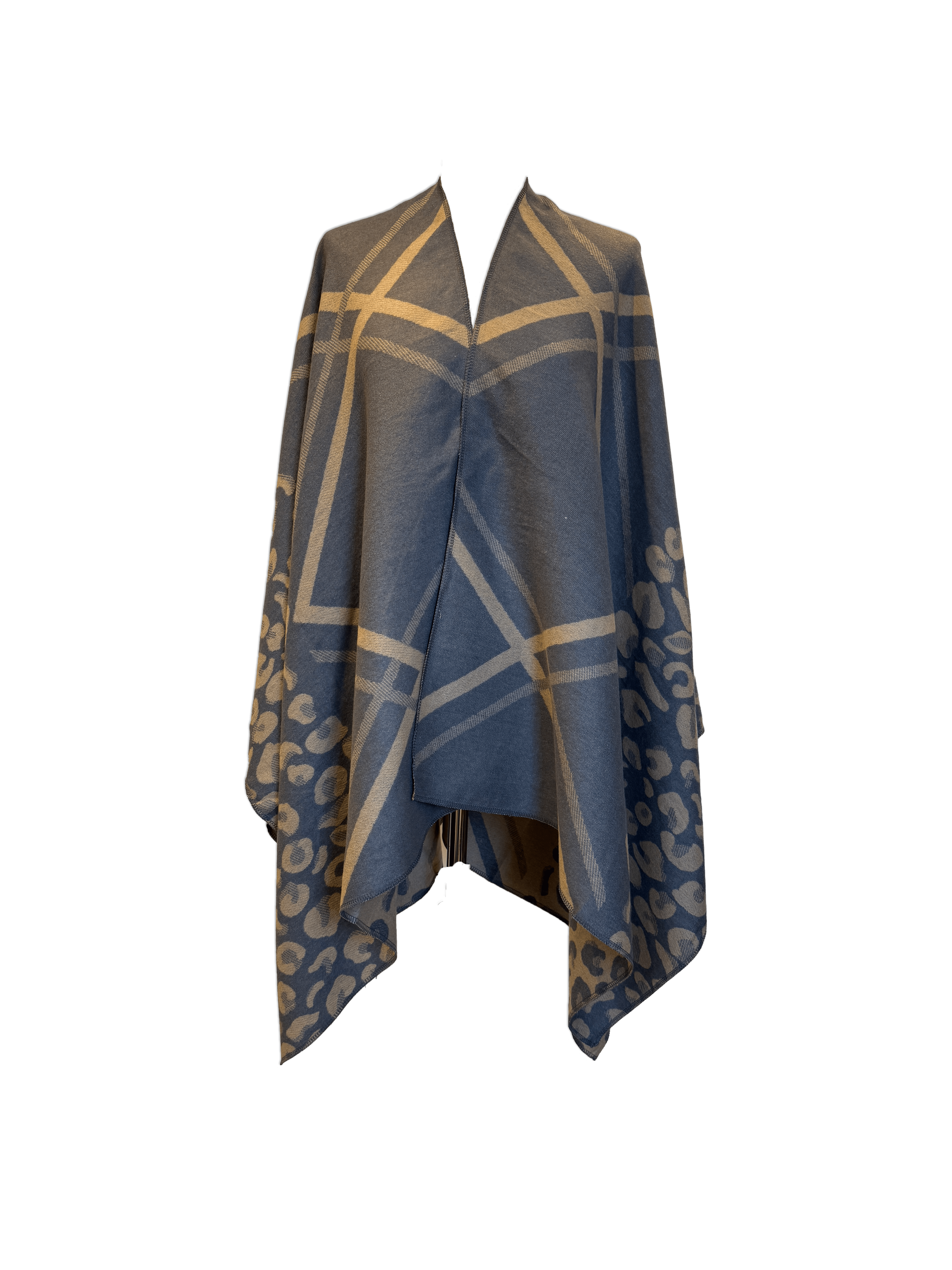 Poncho i blandet uld - grå m. beige mønster Uldplaiden.dk